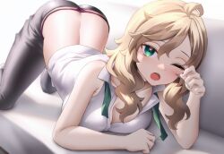 Rule 34 | 1girl, ahoge, ass, blonde hair, blush, breasts, commentary request, green eyes, hair between eyes, highres, large breasts, long hair, looking at viewer, neit ni sei, one eye closed, open mouth, original, panties, pants, saliva, shirt, sleeveless, sleeveless shirt, solo, thong, underwear, white shirt