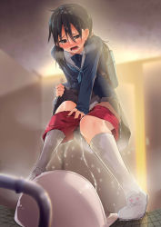 Rule 34 | 1girl, backlighting, backpack, bag, bathroom, black hair, black skirt, blue neckerchief, blue shirt, blurry, blurry foreground, blush, brown eyes, clothes lift, clothes pull, commission, crying, door, embarrassed, female focus, flat chest, full body, hair between eyes, hair ornament, hair scrunchie, half-closed eyes, hand up, have to pee, heart, highres, indoors, industrial pipe, kneehighs, leaning forward, leg up, lifted by self, long hair, long sleeves, looking down, miniskirt, neckerchief, nose blush, onsen mikan, open mouth, original, panties, pee, peeing, peeing self, pleated skirt, pulled by self, red shorts, sailor collar, school uniform, scrunchie, serafuku, shirt, shoes, short shorts, shorts, shorts pull, sidelocks, skeb commission, skirt, skirt lift, socks, solo, sparkle, squat toilet, standing, standing on one leg, tears, teeth, tile floor, tiles, tiptoes, toilet stall, toilet use, tongue, twintails, underwear, wet, wet clothes, white footwear, white panties, white sailor collar, white scrunchie, white socks