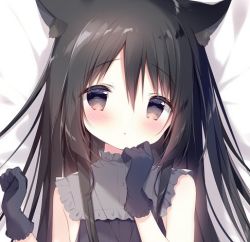 Rule 34 | 1girl, animal ear fluff, animal ears, bed sheet, black dress, black gloves, black hair, blush, brown eyes, cat ears, closed mouth, commentary request, dress, gloves, hair between eyes, hands up, hoshizora tetsudou to shiro no tabi, long hair, looking at viewer, lowres, lying, on back, shiratama (shiratamaco), sleeveless, sleeveless dress, solo