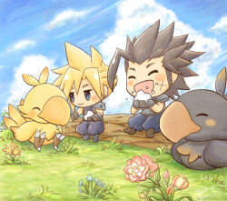Rule 34 | 2boys, armor, black feathers, black hair, blonde hair, blue flower, blue pants, blue shirt, blue sky, blush, chocobo, closed eyes, cloud strife, crisis core final fantasy vii, crumbs, feathers, final fantasy, final fantasy vii, flower, food, highres, log, male focus, multiple boys, onigiri, open mouth, orange flower, pants, pink flower, scar, scar on face, shirt, shoulder armor, shuri (syurigame), sitting, sky, smile, spiked hair, yellow feathers, zack fair
