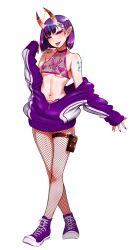 Rule 34 | absurdres, chest tattoo, ear piercing, fate/grand order, fate (series), fishnets, highres, horns, nipple piercing, oni, parka, pasties, piercing, pubic tattoo, purple eyes, shoulder tattoo, shuten douji (fate), skin-covered horns, sweater, tattoo
