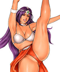 Rule 34 | 1girl, armband, armlet, breasts, cleavage, dancer, dancing, dragon quest, dragon quest iv, gem, headgear, high kick, jewelry, kicking, long hair, manya (dq4), necklace, parted lips, purple hair, red lips, smile, solo, split, spread legs, square enix, standing, standing on one leg, standing split, takasugi kou, tan, thighs