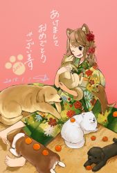 Rule 34 | 1girl, 2018, :d, animal, animal ears, barefoot, blush, brown eyes, brown hair, chinese zodiac, dated, dog, dog ears, floral print, flower, food, fruit, green kimono, hair flower, hair ornament, happy new year, highres, holding, holding animal, japanese clothes, kimono, long hair, long sleeves, mandarin orange, new year, obi, one eye closed, open mouth, original, paw print, pink background, puppy, red flower, red rose, rose, sako (35s 00), sash, signature, sitting, smile, translated, wide sleeves, year of the dog