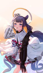 Rule 34 | 1girl, absurdres, animal ears, asymmetrical gloves, asymmetrical sleeves, black bow, black gloves, black hair, blonde hair, blue eyes, blunt bangs, bow, commentary, dress, fang, floral print, gloves, gradient background, gradient hair, hair bow, halo, hand in own hair, hand on own knee, hat, highres, hololive, hololive english, knees together feet apart, leaning forward, long hair, long sleeves, looking at viewer, low twintails, mini hat, mismatched gloves, mismatched sleeves, mole, mole under eye, multicolored background, multicolored hair, ninomae ina&#039;nis, ninomae ina&#039;nis (party dress), official alternate costume, open mouth, pointy ears, print bow, puffy long sleeves, puffy sleeves, sa (sam-ya), sidelocks, smile, solo, standing, tentacle hair, twintails, very long hair, virtual youtuber, white bow, white dress, white gloves