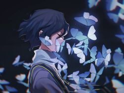Rule 34 | 1boy, blue butterfly, blue hair, bug, butterfly, butterfly on mouth, chinese commentary, closed eyes, commentary request, dark blue hair, from side, gold trim, highres, insect, jacket, maizzzzzzz, male focus, purple jacket, saibou shinkyoku, shirt, short hair, solo, stole, utsugi noriyuki, white shirt