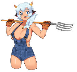 Rule 34 | 1girl, animal ears, areola slip, bell, blue eyes, blush stickers, borrowed character, braid, breasts, brown gloves, cessa, cleavage, commentary, covered erect nipples, cow ears, cow girl, cow horns, cowboy shot, cropped legs, english commentary, gloves, grey hair, hair over shoulder, highres, horns, jewelry, jingle bell, large breasts, long braid, looking at viewer, naked overalls, nandi raktasari (prafa-ar), no bra, open mouth, original, overall shorts, overalls, pendant, pitchfork, sideboob, single braid, smile, solo, teeth, upper teeth only