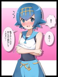 Rule 34 | 1girl, absurdres, blue eyes, blue hair, blue pants, blue sailor collar, blush, bright pupils, clothes lift, commentary request, creatures (company), game freak, hairband, highres, lana (pokemon), lifted by self, looking at viewer, nintendo, no sclera, one-piece swimsuit, open mouth, pants, pink background, pokemon, pokemon sm, sailor collar, shabana may, shirt, shirt lift, short hair, sleeveless, sleeveless shirt, solo, speech bubble, sweatdrop, swimsuit, swimsuit under clothes, tearing up, translated, white pupils, white shirt, yellow hairband