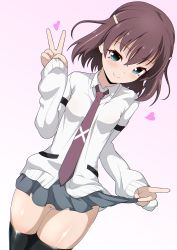 Rule 34 | 1girl, black thighhighs, blush, brown hair, closed mouth, clothes lift, commentary request, gradient background, green eyes, grey skirt, hair ornament, hairclip, heart, highres, lifted by self, long sleeves, looking at viewer, necktie, no panties, pink background, purple necktie, pussy, saki, saki (manga), saki achiga-hen, shirt, short hair, skirt, skirt lift, smile, solo, thighhighs, tsuruta himeko, v, white background, white shirt, xiao rui rui