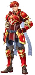 Rule 34 | 1boy, armor, armored boots, belt, boots, breastplate, cain (fire emblem: shadow dragon), closed mouth, fire emblem, fire emblem: mystery of the emblem, fire emblem heroes, full body, gloves, hand on own hip, highres, indesign, looking at viewer, male focus, nintendo, no headwear, no headwear, pauldrons, red eyes, red gloves, red hair, short hair, shoulder armor, smile, transparent background