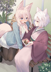 Rule 34 | 2girls, animal ears, black footwear, blue eyes, blue jacket, blush, brown pantyhose, candy, chocolate, chocolate heart, closed mouth, collared shirt, commentary request, day, dress shirt, feeding, flower, food, fox ears, fox girl, fox tail, grey hair, grey kimono, hair between eyes, heart, highres, holding, holding food, jacket, japanese clothes, kimono, light smile, loafers, multiple girls, obi, on bench, open clothes, open jacket, original, outdoors, pantyhose, plaid, plaid skirt, pleated skirt, red eyes, sash, shirt, shoes, skirt, tail, tokuno yuika, white flower, white hair, white shirt, white skirt, yuri