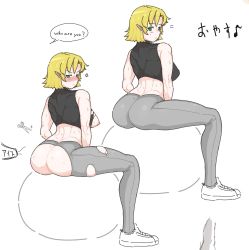 Rule 34 | 1girl, anger vein, ass, blonde hair, blush, breasts, closed mouth, exercising, green eyes, highres, mizuhashi parsee, pointy ears, potatotiger1, scissors, shoes, short hair, sitting, sleeveless, sneakers, sweat, torn clothes, touhou