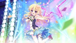 Rule 34 | 1girl, bare shoulders, blonde hair, blue skirt, boots, bow, breasts, brooch, concert, confetti, cross-laced footwear, dress, film grain, frilled dress, frills, game cg, glint, green bow, green ribbon, hair bow, hair ornament, hasegawa mii, holding, holding microphone, idol, idol clothes, izumi tsubasu, jewelry, layered skirt, leggings, long hair, microphone, multicolored clothes, multicolored skirt, non-web source, official art, open mouth, purple eyes, purple footwear, re:stage!, ribbon, short dress, skirt, sleeveless, sleeveless dress, small breasts, smile, solo, sparkle, stage, stage lights, standing, standing on one leg, star (symbol), star brooch, striped clothes, striped skirt, teeth, thighhighs, upper teeth only, v, vertical-striped clothes, vertical-striped skirt, white leggings, white skirt, zettai ryouiki