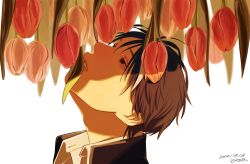 Rule 34 | 1boy, bad id, bad twitter id, brown hair, dated, flower, highres, leaf, male focus, original, parted lips, red flower, shadow, short hair, signature, simple background, solo, tori no 3046, tulip, white background