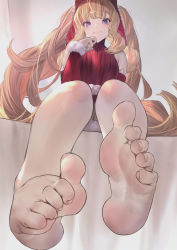 Rule 34 | 1girl, absurdres, barefoot, betabeet, blonde hair, cagliostro (granblue fantasy), detached sleeves, dress, feet, female focus, foot focus, foreshortening, from below, granblue fantasy, highres, looking at viewer, purple eyes, sitting, sleeveless, smile, soles, solo, toe scrunch, toes, twintails