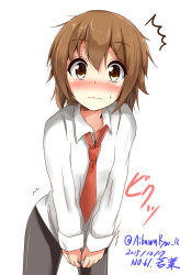 Rule 34 | 10s, 1girl, aikawa ryou, blush, brown eyes, brown hair, character name, dated, highres, kantai collection, long sleeves, looking at viewer, necktie, no pants, nose blush, numbered, pantyhose, red necktie, shirt, shirt tug, short hair, simple background, solo, twitter username, wakaba (kancolle), white background