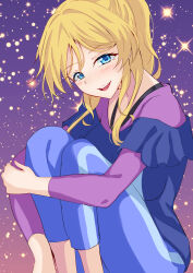 Rule 34 | 1girl, ayase eli, blonde hair, blue eyes, blue pants, blush, breasts, commentary request, gradient background, highres, hugging own legs, long sleeves, love live!, love live! school idol project, medium breasts, medium hair, open mouth, oshiruko kizoku, pants, ponytail, purple shirt, shirt, smile, solo, sparkle background, teeth