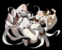 Rule 34 | 10s, 2girls, abyssal ship, ahoge, barefoot, black panties, breasts, bukurote, claws, colored skin, commentary request, detached sleeves, dress, holding, horns, kantai collection, large breasts, long hair, mittens, multiple girls, northern ocean princess, open mouth, pale skin, panties, red eyes, seaport princess, side-tie panties, single horn, sleeveless, sleeveless dress, underwear, very long hair, white dress, white hair, white skin