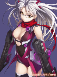 Rule 34 | 1girl, assault rifle, black thighhighs, bodysuit, breasts, cleavage, copyright name, dual wielding, elbow gloves, glasses, gloves, gun, holding, junketsu duelion, large breasts, looking at viewer, mecha musume, official art, parted lips, red scarf, rifle, scarf, silver hair, simple background, solo, takigami airi doltrail, thighhighs, two side up, weapon, yangsion, yellow eyes