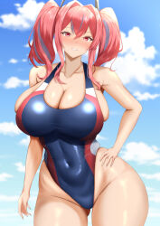 Rule 34 | 1girl, azur lane, bare shoulders, blue one-piece swimsuit, blue sky, blush, breasts, bremerton (azur lane), cleavage, cloud, collarbone, commentary, competition swimsuit, covered navel, cowboy shot, crossed bangs, curvy, day, gluteal fold, grey hair, grin, groin, hair between eyes, hair intakes, hand on own hip, highleg, highleg swimsuit, highres, large breasts, long hair, looking at viewer, multicolored hair, no mole, one-piece swimsuit, pink eyes, pink hair, ranhatu, shiny skin, sidelocks, skindentation, sky, smile, solo, standing, streaked hair, swimsuit, teeth, twintails, two-tone hair, wide hips