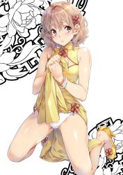 Rule 34 | 1girl, bare arms, bare shoulders, brown eyes, china dress, chinese clothes, closed mouth, commentary request, crotch seam, dress, earrings, full body, hair between eyes, hair ornament, hanasaku iroha, high heels, highres, jewelry, kneeling, lifted by self, light brown hair, looking at viewer, matsumae ohana, nagayori, panties, pelvic curtain, short hair, side slit, simple background, sleeveless, sleeveless dress, solo, thighs, underwear, white background, white panties, yellow dress