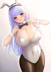 Rule 34 | 1girl, absurdres, alternate costume, animal ears, azur lane, bare shoulders, bow, bowtie, breasts, brown pantyhose, cleavage, cowboy shot, detached collar, dido (azur lane), fake animal ears, highres, huge breasts, leotard, light purple hair, looking at viewer, pantyhose, playboy bunny, purple eyes, rabbit ears, simple background, solo, strapless, strapless leotard, takahasho, white background, white leotard, wrist cuffs