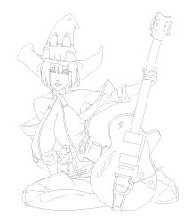 Rule 34 | 1girl, arc system works, bare shoulders, bob cut, boots, breasts, cleavage, eu03, female focus, fingerless gloves, full body, gloves, greyscale, guilty gear, guitar, hat, highres, i-no, instrument, large breasts, mole, monochrome, short hair, simple background, solo, thigh boots, thighhighs, tongue, white background, witch hat