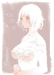 Rule 34 | 1girl, blush, bob cut, bowl, bread, bread slice, breasts, cheese, dungeon meshi, falin touden, falin touden (chimera), feathers, food, highres, jack (haist), meat, messy hair, monster girl, rice bowl, spoilers, underboob, white feathers, white hair, yellow eyes