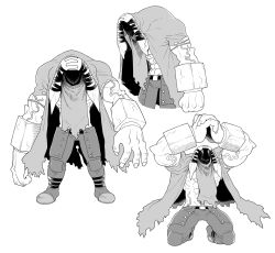Rule 34 | 1boy, abs, absurdres, arms up, begging, belt, coat, crack, extra arms, extra eyes, fingernails, greyscale, guee (ebifry teishoku), hatching (texture), highres, male focus, monochrome, muscular, original, shaded face, simple background, solo, standing, torn, torn clothes, torn coat, veins, white background
