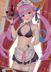 Rule 34 | 1girl, :d, absurdres, alcohol, apron, artist request, bikini, colored inner hair, cup, curtains, drinking glass, highres, hololive, long hair, maid apron, maid headdress, minato aqua, multicolored hair, navel, open mouth, plate, purple eyes, purple hair, skirt, smile, solo, swimsuit, thighhighs, tray, twintails, virtual youtuber, white thighhighs, wine, wine glass