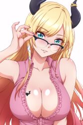 1girl adjusting_eyewear bare_shoulders black_horns blonde_hair blue_eyes blush breast_tattoo breasts cleavage collarbone demon_girl demon_horns frilled_shirt frills glasses highres hololive horns large_breasts long_hair p-nekoe pink_shirt shirt simple_background solo tattoo upper_body virtual_youtuber white_background winged_heart winged_heart_tattoo yuzuki_choco yuzuki_choco_(1st_costume)