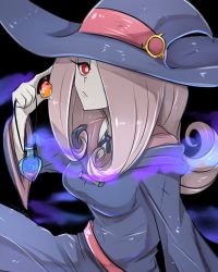 Rule 34 | 1girl, artist name, black background, breasts, commentary, expressionless, hair over one eye, hat, highres, holding, light purple hair, little witch academia, long hair, looking at viewer, luna nova school uniform, medium breasts, omiza somi, pale skin, potion, red eyes, robe, school uniform, signature, simple background, solo, sucy manbavaran, watermark, wide sleeves, witch, witch hat