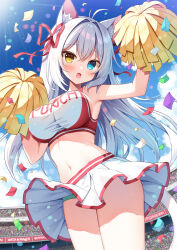 Rule 34 | 1girl, :o, ahoge, aina rive, animal ears, bare arms, bare shoulders, blue eyes, blue sky, blush, breasts, cat ears, cat girl, cat tail, cheerleader, clothes writing, cloud, commentary request, confetti, crop top, day, from below, green panties, grey hair, hair ribbon, heterochromia, highres, holding, large breasts, long hair, looking at viewer, looking down, mauve, navel, open mouth, original, outdoors, panties, pleated skirt, pom pom (cheerleading), red ribbon, ribbon, skirt, sky, solo, standing, tail, underwear, very long hair, white skirt, yellow eyes