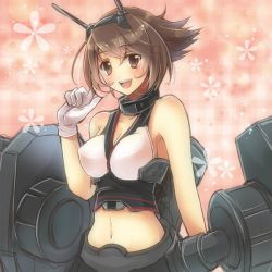 Rule 34 | 10s, 1girl, :d, bare shoulders, brown eyes, brown hair, hairband, kantai collection, looking at viewer, mutsu (kancolle), navel, open mouth, personification, serino itsuki, short hair, smile, solo, upper body, white s