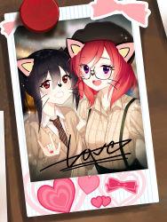 Rule 34 | 2girls, :d, animal ears, beret, black hair, blurry, blush, fake animal ears, glasses, grin, hair between eyes, hat, heart, highres, looking at viewer, love live!, love live! school idol project, multiple girls, nail polish, necktie, nishikino maki, open mouth, photo (object), plaid, plaid shirt, purple eyes, red eyes, red hair, red nails, school uniform, shirt, short hair, sidelocks, smile, sparkle, suspenders, sweater, twintails, upper body, yazawa nico, zhanzheng zi