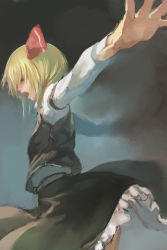 Rule 34 | 1girl, benitama, blonde hair, female focus, hair ribbon, open mouth, outstretched arms, profile, red eyes, ribbon, rumia, short hair, skirt, skirt set, solo, spread arms, touhou