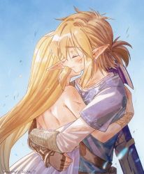 Rule 34 | 1boy, 1girl, arm guards, hug, arms around waist, blonde hair, blue background, blue tunic, blush, bracer, brown gloves, closed eyes, dress, earrings, fingerless gloves, gloves, hair between eyes, highres, hug, injury, jewelry, link, long hair, long sleeves, low ponytail, medium hair, mouyi, nintendo, outdoors, pointy ears, princess zelda, shirt, sidelocks, smile, strapless, strapless dress, sword, the legend of zelda, the legend of zelda: breath of the wild, upper body, weapon, weapon on back, white dress, white shirt