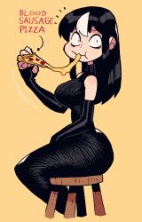 Rule 34 | 1girl, absurdres, ass, black hair, black sleeves, breasts, cheese trail, curvy, detached sleeves, dress, eating, food, highres, huge ass, large breasts, long dress, looking at viewer, looking to the side, mixed-language commentary, multicolored hair, noss (rariatto), original, pizza, pizza slice, rariatto (ganguri), ribbed dress, simple background, sitting, sleeveless, sleeveless dress, solo, streaked hair, thighs, vampire, white hair, yellow background