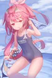 Rule 34 | 1girl, :3, ahoge, alternate costume, bra, bra on head, covered navel, crescent, crescent hair ornament, hair ornament, highres, holding, holding clothes, holding panties, holding underwear, jitome, kantai collection, logiclr, long hair, mouth hold, object on head, ocean, outdoors, panties, pink hair, rabbit hair ornament, red eyes, school swimsuit, smug, solo, striped clothes, striped panties, swimsuit, underwear, uzuki (kancolle)