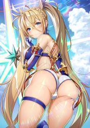 Rule 34 | 1girl, alcoholrang, ass, back, bare shoulders, bikini, blonde hair, blue bikini, blue eyes, blue sky, blush, bradamante (fate), bradamante (third ascension) (fate), braid, breasts, closed mouth, cloud, day, elbow gloves, fate/grand order, fate (series), french braid, from below, gloves, gold trim, hair between eyes, hand on own ass, highres, hip focus, huge ass, large breasts, lens flare, long hair, looking at viewer, sky, solo, swimsuit, thigh strap, thighs, twintails, very long hair, wavy mouth, weapon, white bikini