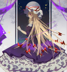 Rule 34 | 1girl, absurdres, blonde hair, blush, bow, closed mouth, commentary, dress, eyebrows hidden by hair, from side, full body, gloves, hair bow, hat, hat ribbon, highres, long hair, looking at viewer, mob cap, off-shoulder dress, off shoulder, petticoat, purple dress, purple eyes, red bow, red ribbon, ribbon, shi chimi, short sleeves, sideways glance, solo, star (sky), touhou, very long hair, white gloves, white hat, yakumo yukari