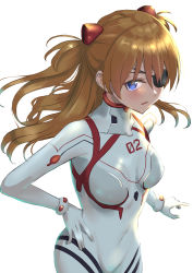 Rule 34 | 1girl, absurdres, blue eyes, blush, brown hair, covered navel, cowboy shot, evangelion: 3.0+1.0 thrice upon a time, eyepatch, from side, hand on own hip, highres, interface headset, long hair, looking at viewer, neon genesis evangelion, plugsuit, rebuild of evangelion, solo, souryuu asuka langley, umirororo, white background