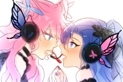 Rule 34 | 2girls, blue hair, blush, butterfly wings, eye contact, headphones, holding hands, insect wings, kazanari tsubasa, looking at another, magnet (vocaloid), maria cadenzavna eve, multiple girls, music, nail polish, parody, pink hair, portrait, senki zesshou symphogear, singing, sy (0103029), vocaloid, wings, yuri