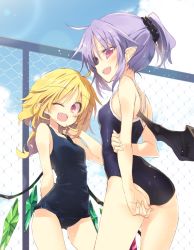 Rule 34 | 2girls, :d, ;d, ahoge, alternate hairstyle, arm behind back, ass, bare arms, bare shoulders, bat wings, black scrunchie, blonde hair, blue one-piece swimsuit, blue sky, blush, breasts, chain-link fence, cloud, commentary request, cowboy shot, crystal, day, fangs, fence, flandre scarlet, hair between eyes, hair ornament, hair scrunchie, hand up, lens flare, light purple hair, long hair, looking at viewer, multiple girls, no headwear, one-piece swimsuit, one eye closed, open mouth, outdoors, pointy ears, ponytail, red eyes, remilia scarlet, satou kibi, scrunchie, short hair, short ponytail, siblings, sidelocks, sisters, sky, small breasts, smile, standing, swimsuit, thighs, touhou, wings