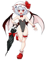 Rule 34 | 1girl, bare legs, bat wings, blue hair, blush, bow, bowtie, bridal garter, closed umbrella, covered navel, demon wings, fangs, full body, hat, hat bow, highleg, highleg leotard, highres, huyusilver, leg up, leotard, looking at viewer, mob cap, open mouth, parasol, playboy bunny, red eyes, red footwear, remilia scarlet, shoes, short hair, simple background, slit pupils, solo, standing, standing on one leg, touhou, umbrella, white background, wings, wrist cuffs