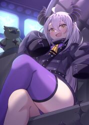 Rule 34 | 1girl, absurdres, ahoge, ascot, blush, braid, coat, collar, crossed legs, crow (la+ darknesss), demon girl, demon horns, fang, feet out of frame, from below, grey hair, hair between eyes, hashira 14, highres, hololive, horns, la+ darknesss, long hair, long sleeves, looking at viewer, metal collar, open mouth, pointy ears, purple coat, purple thighhighs, sidelocks, single thighhigh, sitting, skin fang, sleeves past fingers, sleeves past wrists, solo, striped horns, thick thighs, thighhighs, thighs, virtual youtuber, yellow ascot, yellow eyes