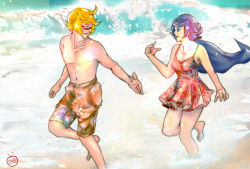 Rule 34 | 1boy, 1girl, beach, blonde hair, blue eyes, blue hair, casual one-piece swimsuit, closed eyes, collarbone, creatures (company), floral print, game freak, highres, kikuna (pokemon), leaf print, long hair, looking at another, male swimwear, nintendo, ocean, one-piece swimsuit, orange male swimwear, orange swim trunks, outdoors, outstretched arm, pokemon, pokemon (anime), pokemon journeys, ponytail, print male swimwear, print swim trunks, print swimsuit, red one-piece swimsuit, renji (pokemon), short hair, smile, swim trunks, swimsuit, topless male