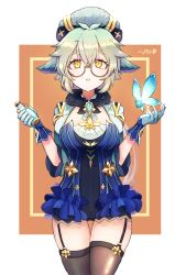 Rule 34 | 1girl, absurdres, anemo (genshin impact), animal ears, beret, black thighhighs, blue butterfly, blue dress, blush, breasts, bug, butterfly, cat ears, cat girl, dress, garter straps, genshin impact, glasses, gloves, gold trim, green hair, hat, highres, insect, l.shu, long sleeves, looking at viewer, multicolored hair, open mouth, orange eyes, ponytail, semi-rimless eyewear, solo, sucrose (genshin impact), thighhighs, thighs, vial, vision (genshin impact)