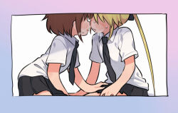 Rule 34 | 2girls, after kiss, black necktie, black skirt, blonde hair, blue border, border, breath, brown hair, collared shirt, commentary request, cowboy shot, face-to-face, faceless, faceless female, gradient border, hand on another&#039;s thigh, kill me baby, long hair, meis (terameisu), multiple girls, necktie, open mouth, oribe yasuna, pleated skirt, purple border, saliva, saliva trail, school uniform, shirt, short hair, short sleeves, simple background, sitting, skirt, sonya (kill me baby), sweat, tongue, tongue out, twintails, white background, white shirt, yuri