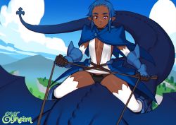 Rule 34 | 1girl, :|, armored boots, black choker, black panties, blue cape, blue hair, blue sky, boots, breasts, cape, center opening, choker, closed mouth, cloud, commentary, dark-skinned female, dark elf, dark skin, day, dragon, elbow gloves, elf, english commentary, expressionless, flying, forehead, gauntlets, gloves, heterochromia, leash, looking at viewer, navel, no bra, original, outdoors, panties, pointy ears, purple eyes, red eyes, riding, scar, scar on chest, scar on face, short hair, sky, small breasts, solo, sunna (nilsunna), thick eyebrows, thighhighs, underwear, white thighhighs