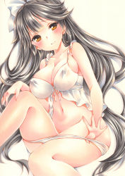Rule 34 | 1girl, azur lane, babydoll, black hair, blush, bow, breasts, brown hair, cleavage, closed mouth, collarbone, covered erect nipples, furrowed brow, hair bow, highres, large breasts, long hair, marker (medium), orange eyes, panties, panty pull, pulling own clothes, ribbon, saya pr, sitting, smile, solo, takao (azur lane), thighs, traditional media, underwear, very long hair, white bow, white panties, white ribbon